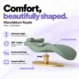 Manufakturo Royale Olive lash bed with gold base, hydraulic height adjustment, 360-degree rotation, contoured upholstery and head and lumbar pillows.