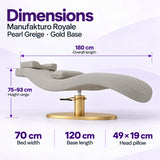 Manufakturo Royale Pearl Greige lash bed with gold base: 180 cm length, 70 cm width, 75–93 cm height range, 120 cm base length and 49 x 19 cm head pillow.