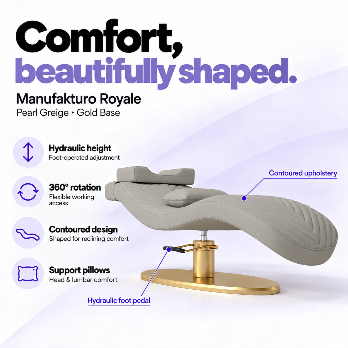Manufakturo Royale Pearl Greige lash bed with gold base, hydraulic height adjustment, 360-degree rotation, contoured upholstery and head and lumbar pillows.