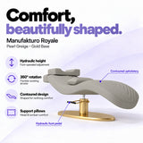 Manufakturo Royale Pearl Greige lash bed with gold base, hydraulic height adjustment, 360-degree rotation, contoured upholstery and head and lumbar pillows.
