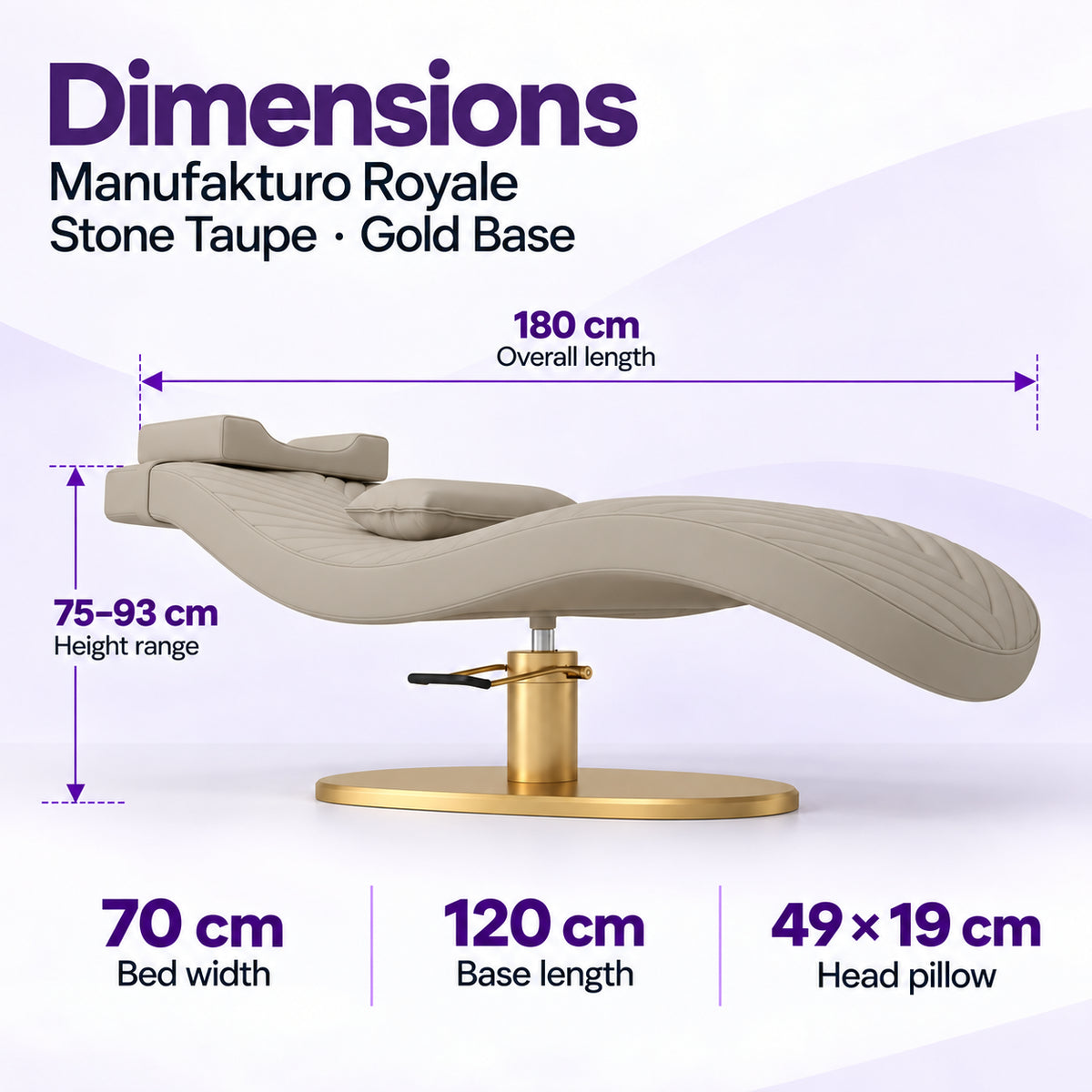 Manufakturo Royale Stone Taupe lash bed with gold base: 180 cm length, 70 cm width, 75–93 cm height range, 120 cm base length and 49 x 19 cm head pillow.