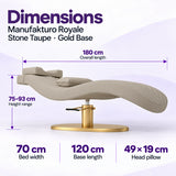 Manufakturo Royale Stone Taupe lash bed with gold base: 180 cm length, 70 cm width, 75–93 cm height range, 120 cm base length and 49 x 19 cm head pillow.