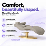 Manufakturo Royale Stone Taupe lash bed with gold base, hydraulic height adjustment, 360-degree rotation, contoured upholstery and head and lumbar pillows.
