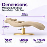 Manufakturo Royale Warm Beige lash bed with gold base: 180 cm length, 70 cm width, 75–93 cm height range, 120 cm base length and 49 x 19 cm head pillow.