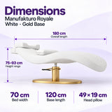 Manufakturo Royale White lash bed with gold base: 180 cm length, 70 cm width, 75–93 cm height range, 120 cm base length and 49 x 19 cm head pillow.