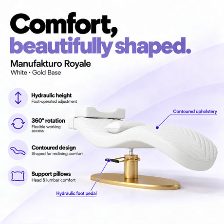 Manufakturo Royale White lash bed with gold base, hydraulic height adjustment, 360-degree rotation, contoured upholstery and head and lumbar pillows.