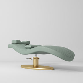 Manufakturo Royale Luxury & Ergonomic Beauty Lash Bed Gold Base Olive - close-up of the upholstery and construction details
