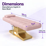Manufakturo Saphir A Bare Blush beauty bed dimensions: 196 cm lying length, 70 cm width and height adjustable from 63 to 78 cm.