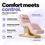 Manufakturo Saphir A Bare Blush beauty bed features: 3 electric motors, hand and foot controls, memory foam, 300 kg maximum load, massage opening and illuminated base.