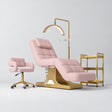 Manufakturo Saphir A Bare Blush four-piece beauty studio set with electric bed, Serenity salon chair, V3 Pro Gold lamp and empty three-tier gold trolley.