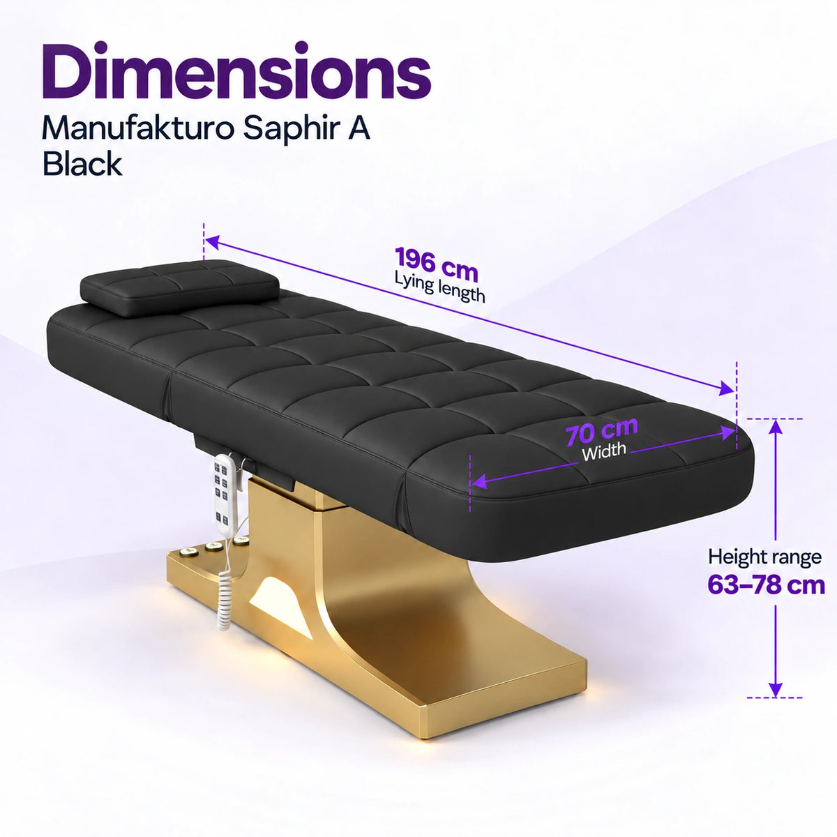 Manufakturo Saphir A Black beauty bed dimensions: 196 cm lying length, 70 cm width and height adjustable from 63 to 78 cm.