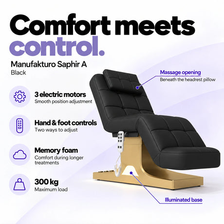Manufakturo Saphir A Black beauty bed features: 3 electric motors, hand and foot controls, memory foam, 300 kg maximum load, massage opening and illuminated base.