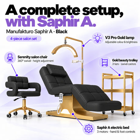 Manufakturo Saphir A Black set features: three-motor bed with hand and foot controls, Serenity swivel chair, adjustable V3 Pro Gold lamp and three-tier gold trolley.