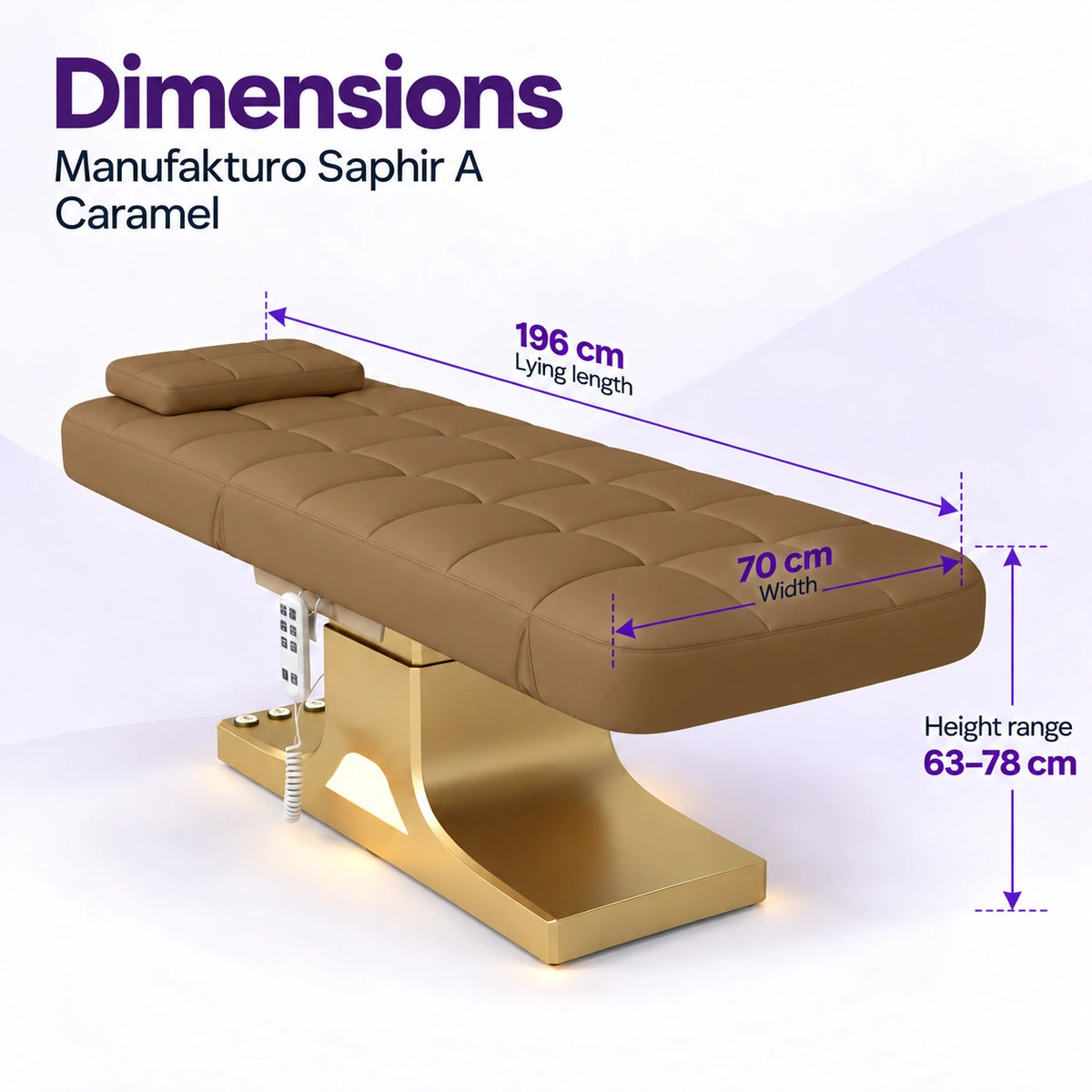 Manufakturo Saphir A Caramel beauty bed dimensions: 196 cm lying length, 70 cm width and height adjustable from 63 to 78 cm.