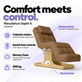 Manufakturo Saphir A Caramel beauty bed features: 3 electric motors, hand and foot controls, memory foam, 300 kg maximum load, massage opening and illuminated base.