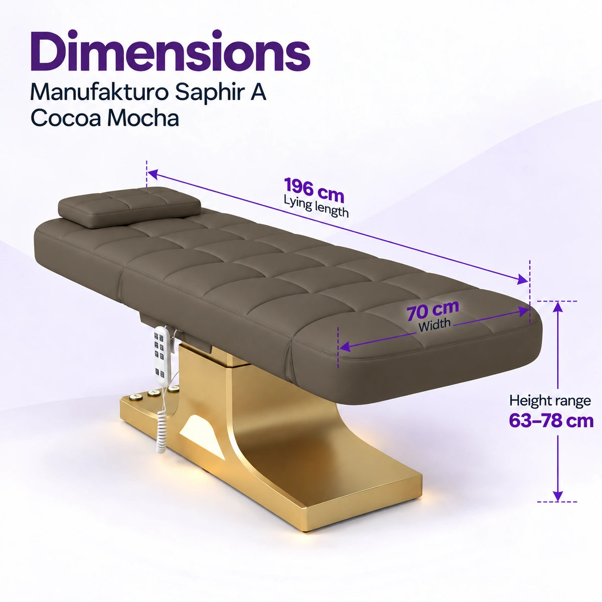 Manufakturo Saphir A Cocoa Mocha beauty bed dimensions: 196 cm lying length, 70 cm width and height adjustable from 63 to 78 cm.
