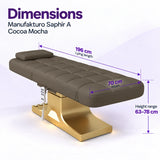 Manufakturo Saphir A Cocoa Mocha beauty bed dimensions: 196 cm lying length, 70 cm width and height adjustable from 63 to 78 cm.
