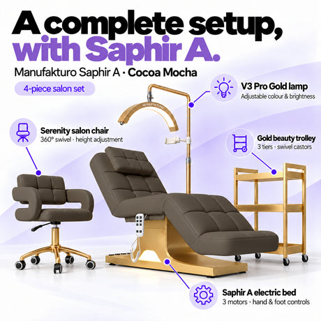 Manufakturo Saphir A Cocoa Mocha set features: three-motor bed with hand and foot controls, Serenity swivel chair, adjustable V3 Pro Gold lamp and three-tier gold trolley.