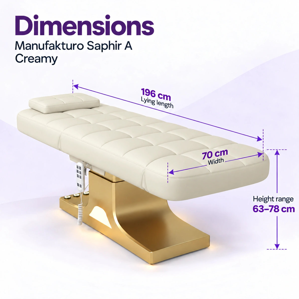 Manufakturo Saphir A Creamy beauty bed dimensions: 196 cm lying length, 70 cm width and height adjustable from 63 to 78 cm.