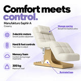 Manufakturo Saphir A Creamy beauty bed features: 3 electric motors, hand and foot controls, memory foam, 300 kg maximum load, massage opening and illuminated base.