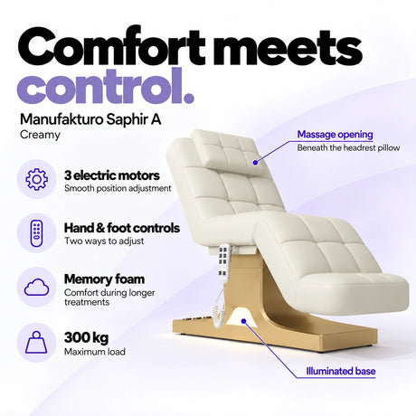 Manufakturo Saphir A Creamy beauty bed features: 3 electric motors, hand and foot controls, memory foam, 300 kg maximum load, massage opening and illuminated base.