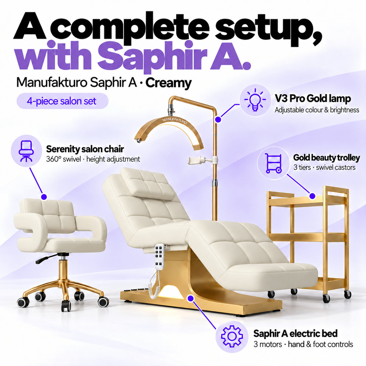 Manufakturo Saphir A Creamy set features: three-motor bed with hand and foot controls, Serenity swivel chair, adjustable V3 Pro Gold lamp and three-tier gold trolley.