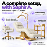 Manufakturo Saphir A Creamy set features: three-motor bed with hand and foot controls, Serenity swivel chair, adjustable V3 Pro Gold lamp and three-tier gold trolley.