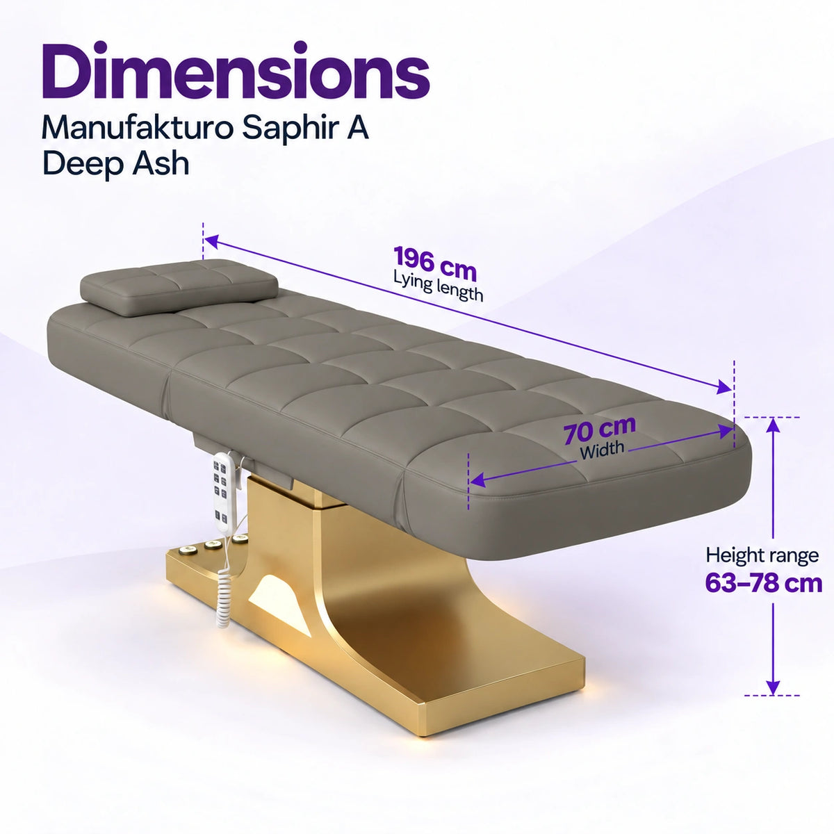 Manufakturo Saphir A Deep Ash beauty bed dimensions: 196 cm lying length, 70 cm width and height adjustable from 63 to 78 cm.