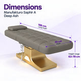 Manufakturo Saphir A Deep Ash beauty bed dimensions: 196 cm lying length, 70 cm width and height adjustable from 63 to 78 cm.