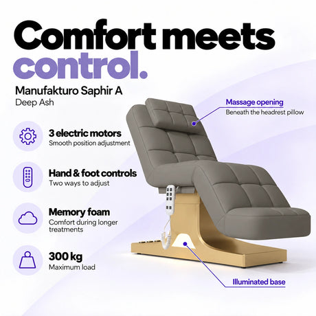 Manufakturo Saphir A Deep Ash beauty bed features: 3 electric motors, hand and foot controls, memory foam, 300 kg maximum load, massage opening and illuminated base.