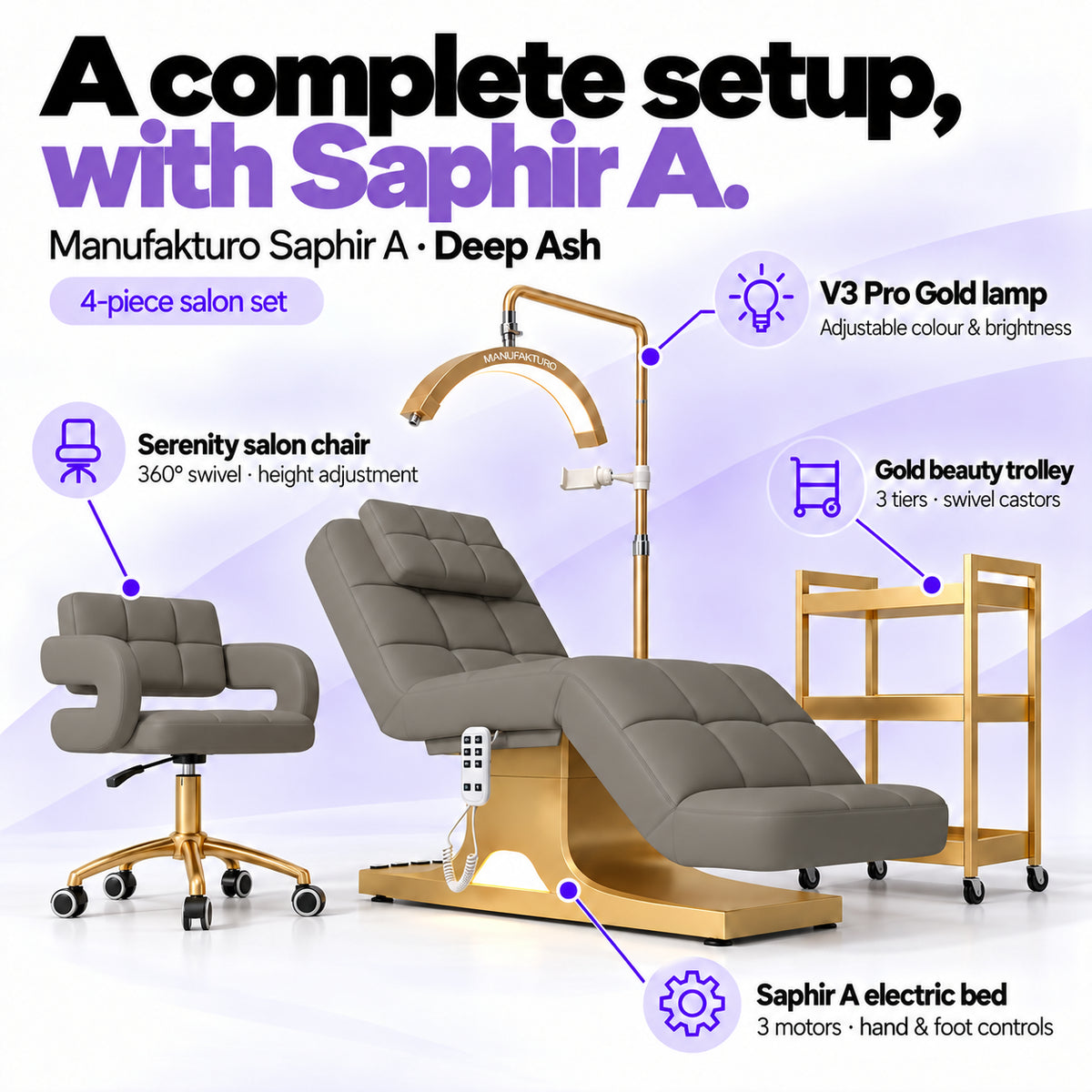 Manufakturo Saphir A Deep Ash set features: three-motor bed with hand and foot controls, Serenity swivel chair, adjustable V3 Pro Gold lamp and three-tier gold trolley.