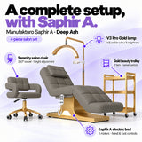Manufakturo Saphir A Deep Ash set features: three-motor bed with hand and foot controls, Serenity swivel chair, adjustable V3 Pro Gold lamp and three-tier gold trolley.