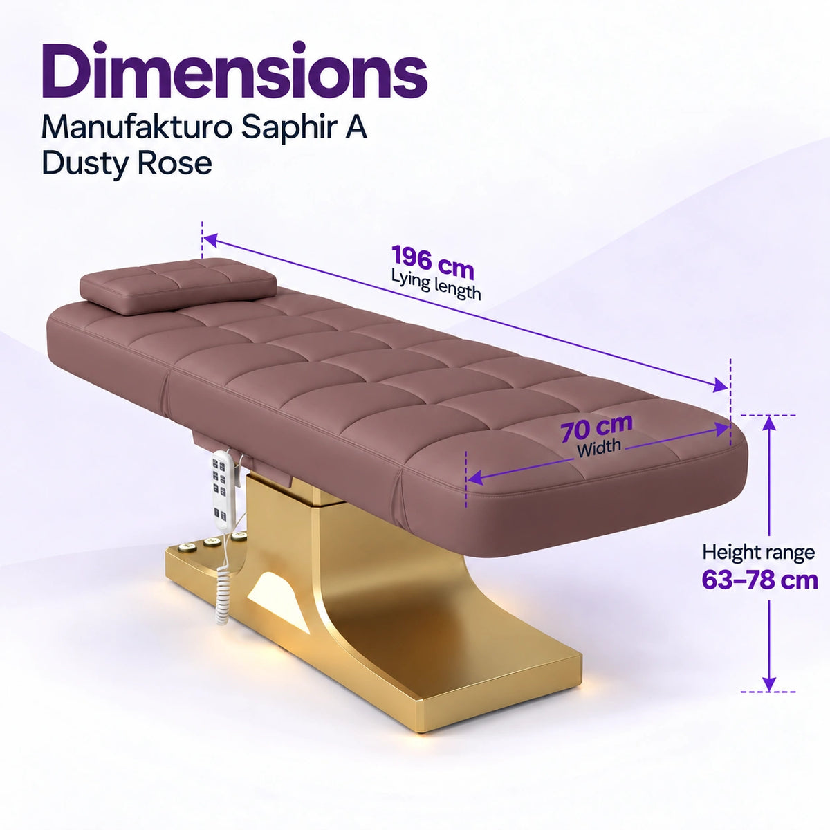 Manufakturo Saphir A Dusty Rose beauty bed dimensions: 196 cm lying length, 70 cm width and height adjustable from 63 to 78 cm.