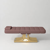 Manufakturo Saphir A Dusty Rose electric beauty bed with gold base, flat lying position shown from the side, without armrests.