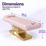 Manufakturo Saphir A Light Pink beauty bed dimensions: 196 cm lying length, 70 cm width and height adjustable from 63 to 78 cm.