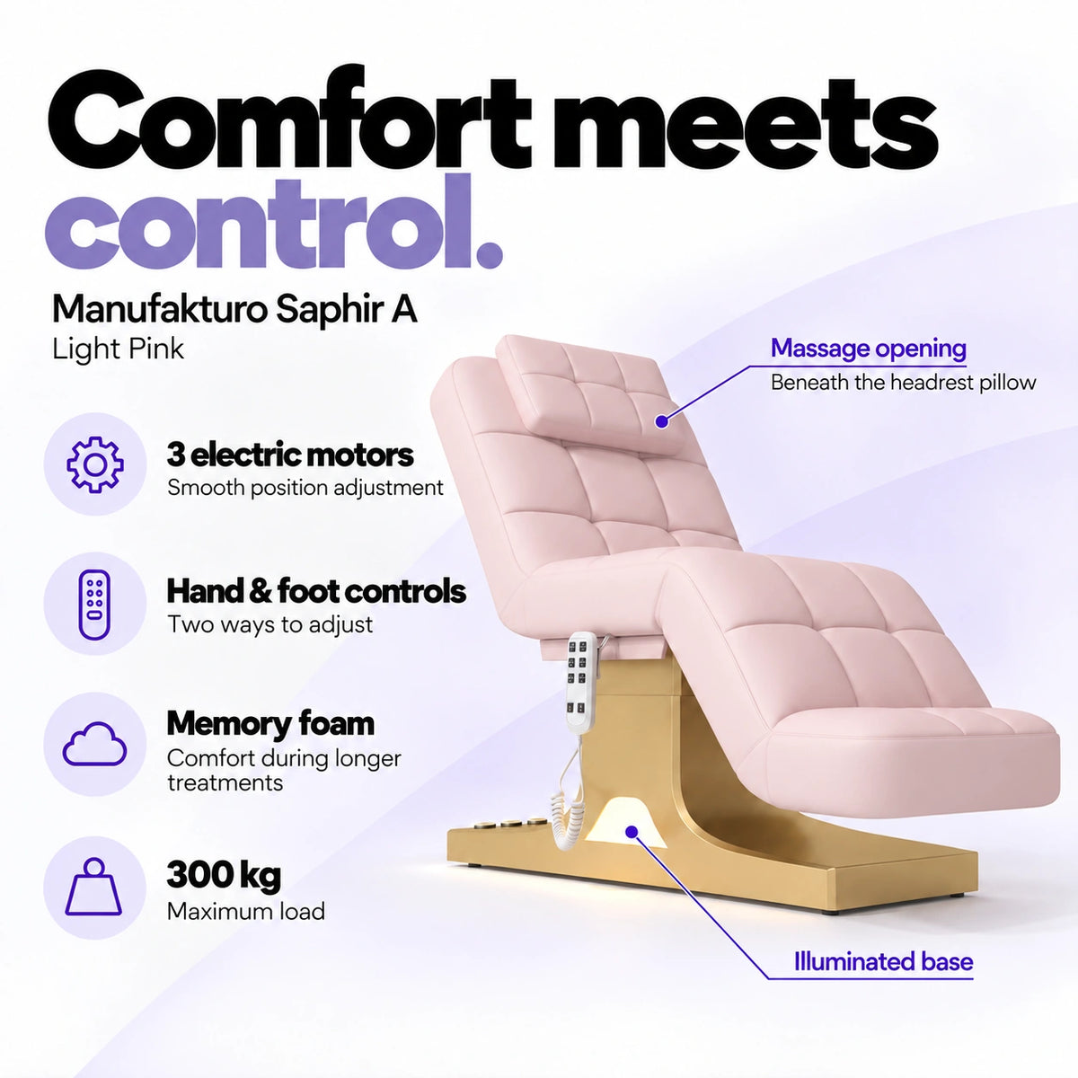 Manufakturo Saphir A Light Pink beauty bed features: 3 electric motors, hand and foot controls, memory foam, 300 kg maximum load, massage opening and illuminated base.