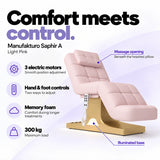 Manufakturo Saphir A Light Pink beauty bed features: 3 electric motors, hand and foot controls, memory foam, 300 kg maximum load, massage opening and illuminated base.