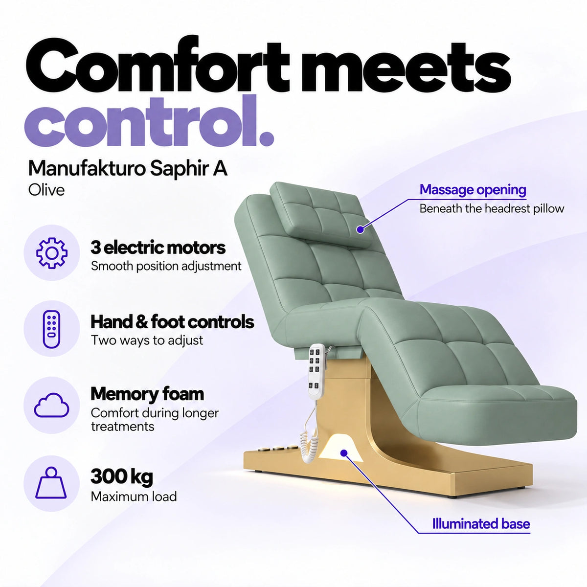 Manufakturo Saphir A Olive beauty bed features: 3 electric motors, hand and foot controls, memory foam, 300 kg maximum load, massage opening and illuminated base.
