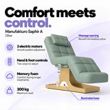 Manufakturo Saphir A Olive beauty bed features: 3 electric motors, hand and foot controls, memory foam, 300 kg maximum load, massage opening and illuminated base.
