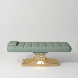 Manufakturo Saphir A Olive electric beauty bed with gold base, flat lying position shown from the side, without armrests.