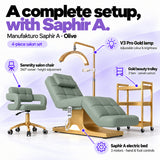 Manufakturo Saphir A Olive set features: three-motor bed with hand and foot controls, Serenity swivel chair, adjustable V3 Pro Gold lamp and three-tier gold trolley.