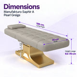 Manufakturo Saphir A Pearl Greige beauty bed dimensions: 196 cm lying length, 70 cm width and height adjustable from 63 to 78 cm.
