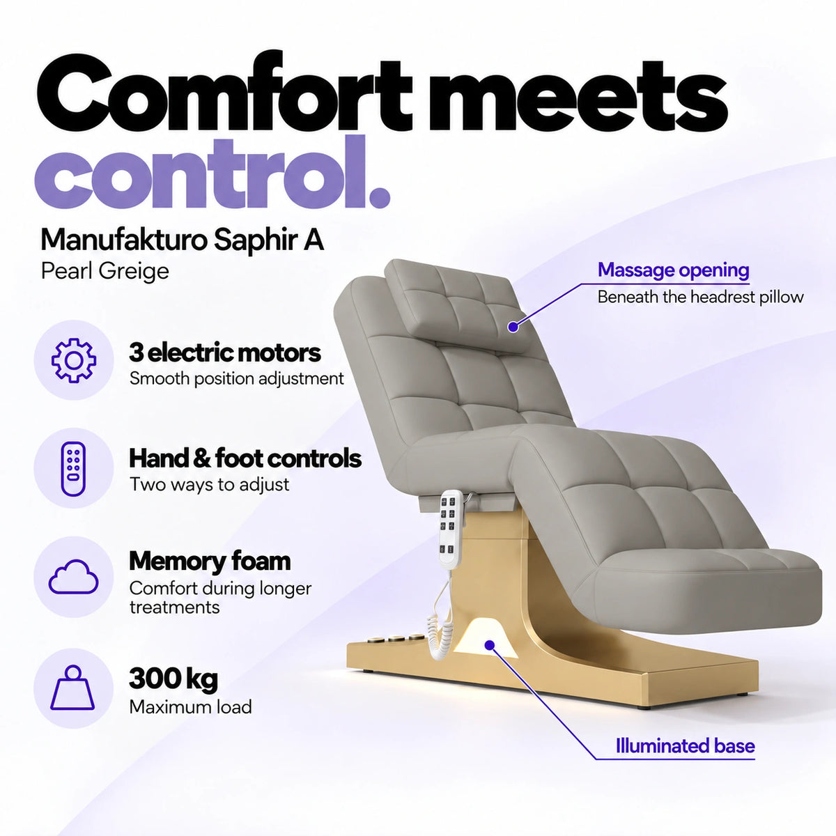 Manufakturo Saphir A Pearl Greige beauty bed features: 3 electric motors, hand and foot controls, memory foam, 300 kg maximum load, massage opening and illuminated base.