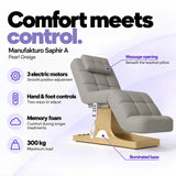 Manufakturo Saphir A Pearl Greige beauty bed features: 3 electric motors, hand and foot controls, memory foam, 300 kg maximum load, massage opening and illuminated base.