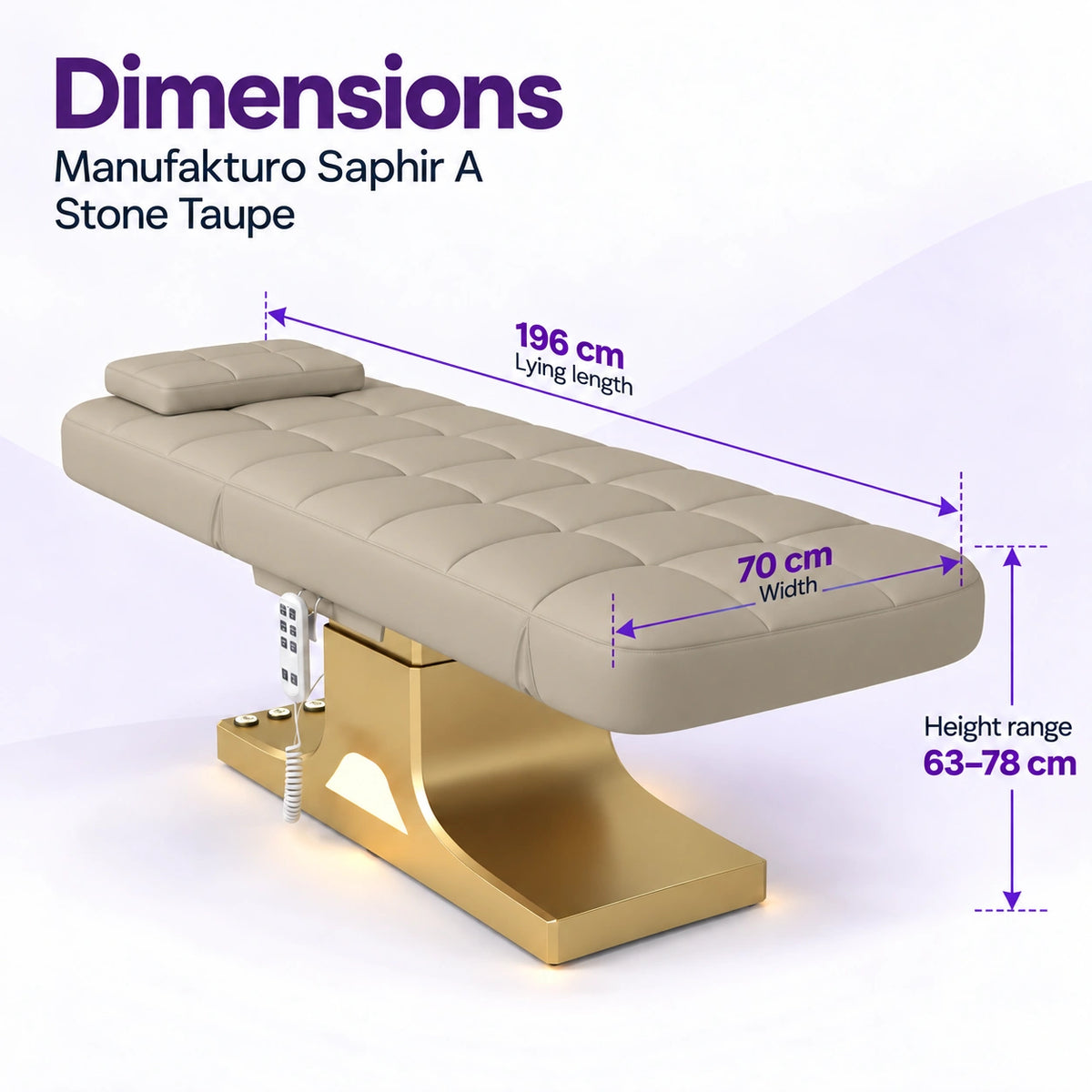 Manufakturo Saphir A Stone Taupe beauty bed dimensions: 196 cm lying length, 70 cm width and height adjustable from 63 to 78 cm.