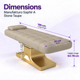 Manufakturo Saphir A Stone Taupe beauty bed dimensions: 196 cm lying length, 70 cm width and height adjustable from 63 to 78 cm.