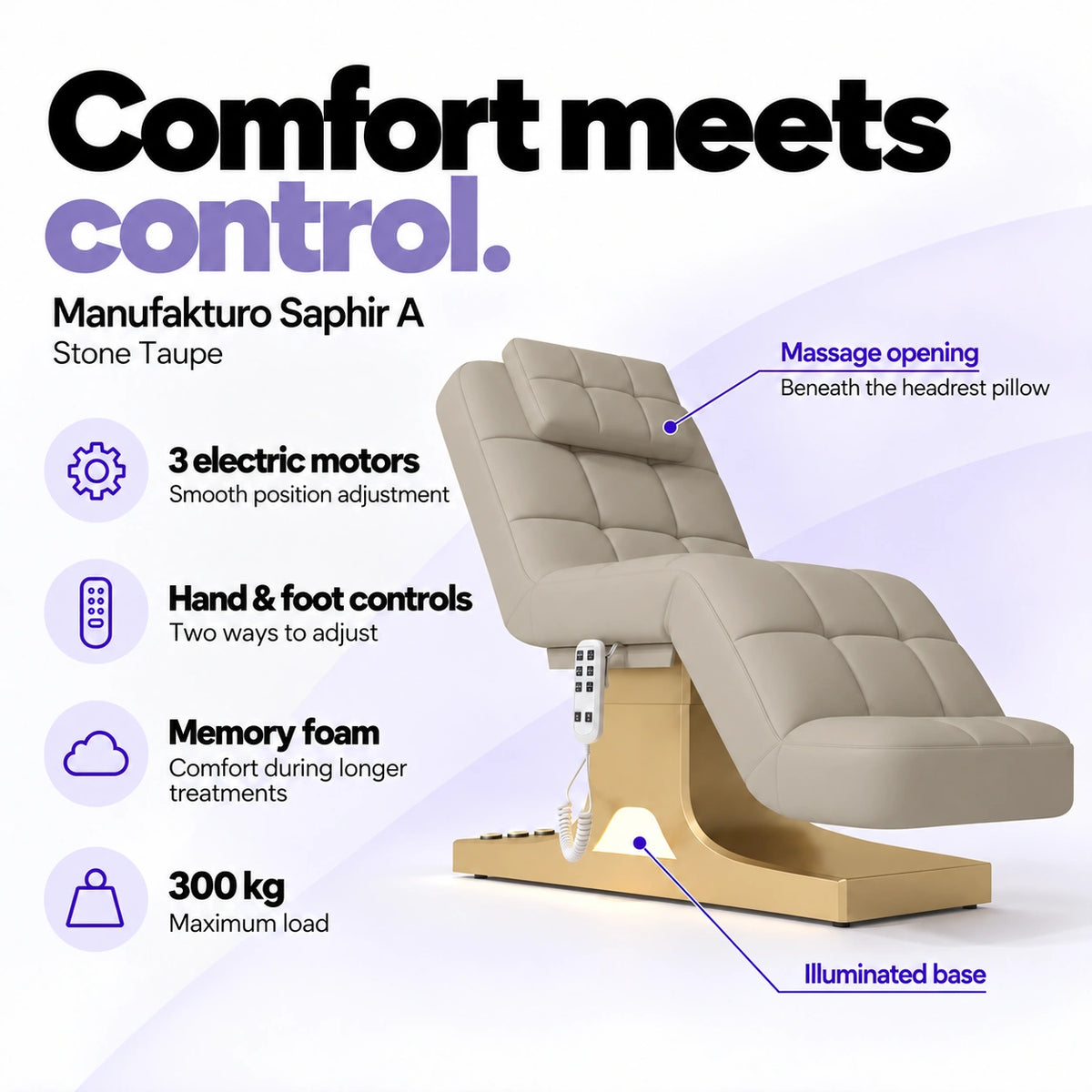 Manufakturo Saphir A Stone Taupe beauty bed features: 3 electric motors, hand and foot controls, memory foam, 300 kg maximum load, massage opening and illuminated base.
