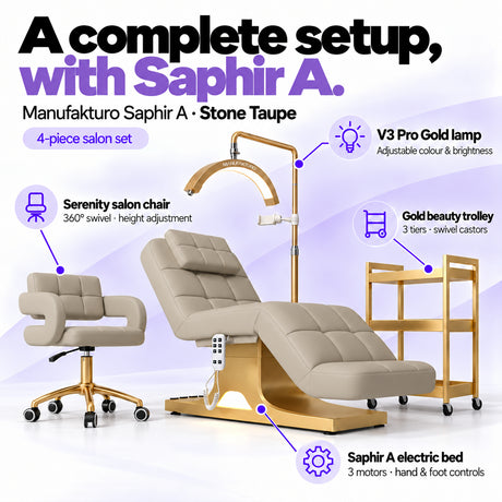 Manufakturo Saphir A Stone Taupe set features: three-motor bed with hand and foot controls, Serenity swivel chair, adjustable V3 Pro Gold lamp and three-tier gold trolley.