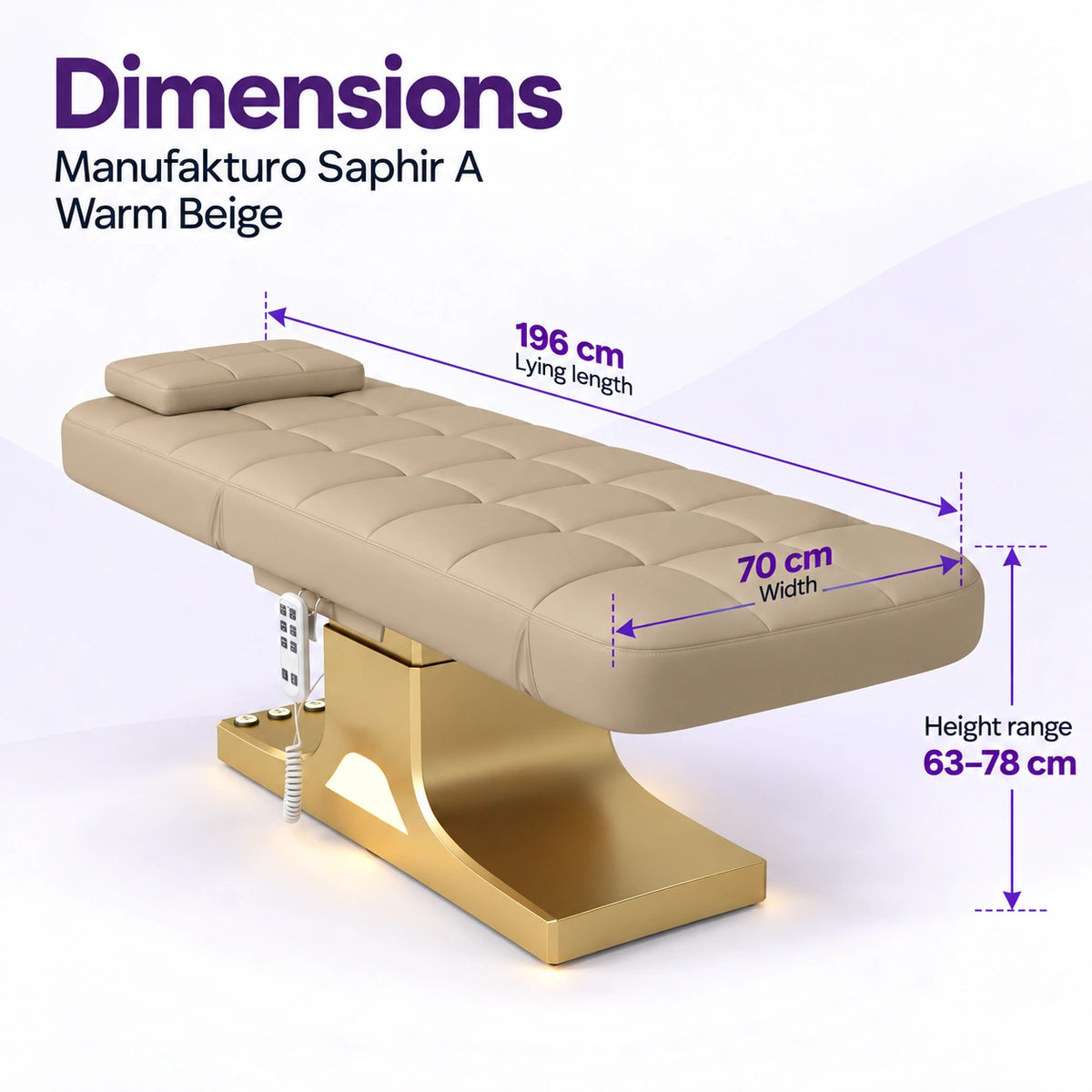 Manufakturo Saphir A Warm Beige beauty bed dimensions: 196 cm lying length, 70 cm width and height adjustable from 63 to 78 cm.