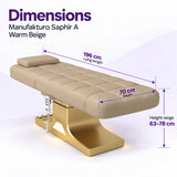 Manufakturo Saphir A Warm Beige beauty bed dimensions: 196 cm lying length, 70 cm width and height adjustable from 63 to 78 cm.